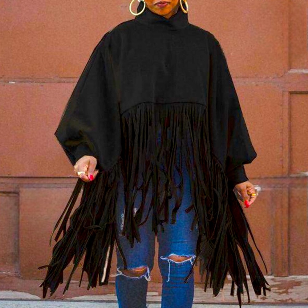 Black fringe poncho pullover for women. Size Large.
